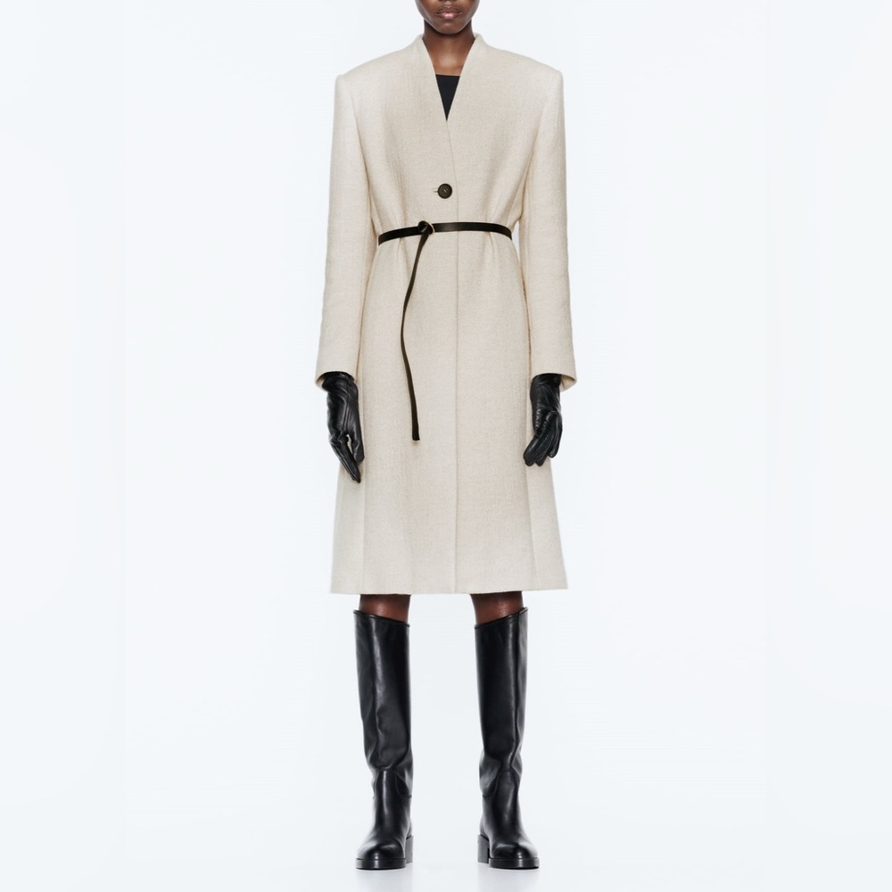 NWT Zara Wool Blend Coat With Leather Belt - Picture 2 of 13